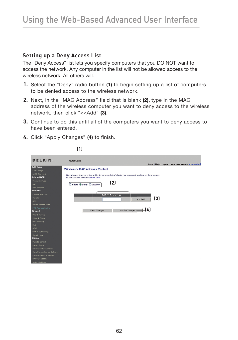 Using the web-based advanced user interface | Belkin Wireless G Plus MIMO Router F5D9230-4 User Manual | Page 66 / 120