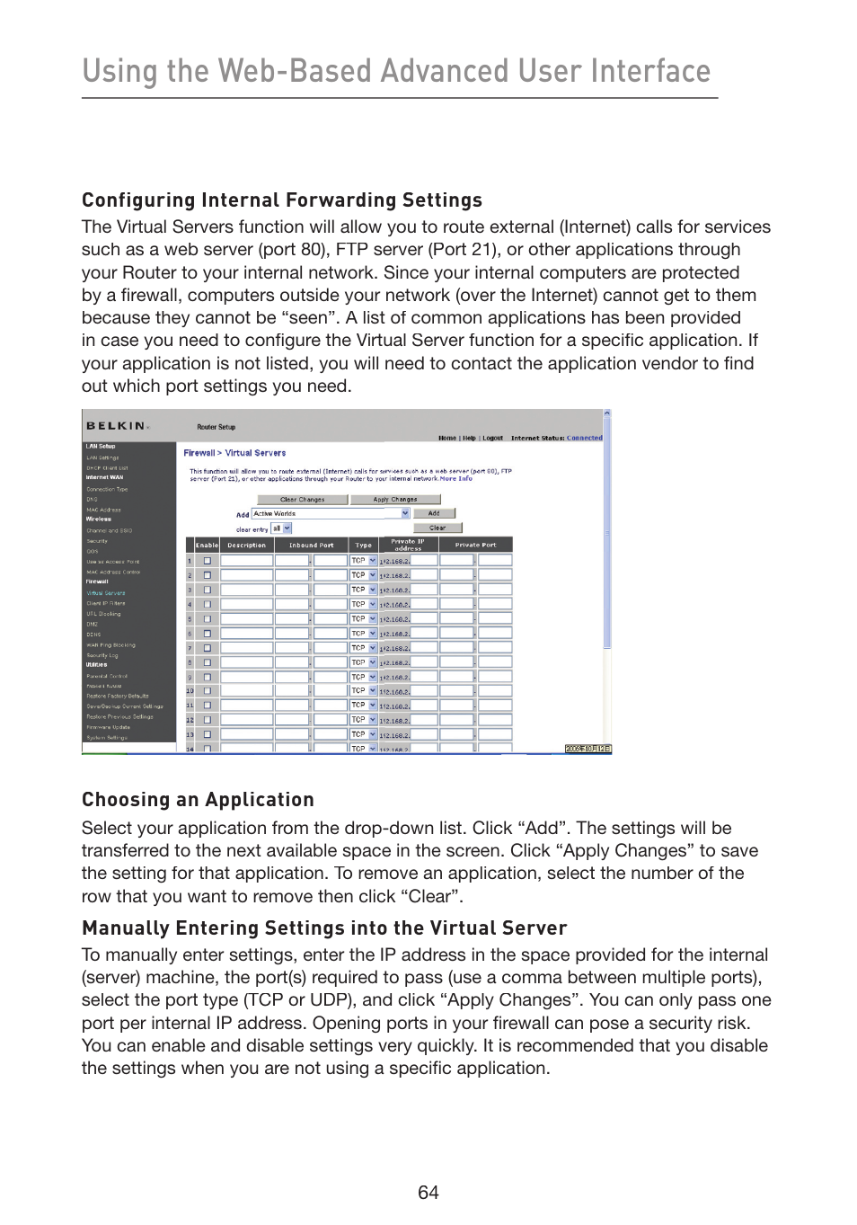 Using the web-based advanced user interface | Belkin Wireless G Plus MIMO Router F5D9230-4 User Manual | Page 68 / 120