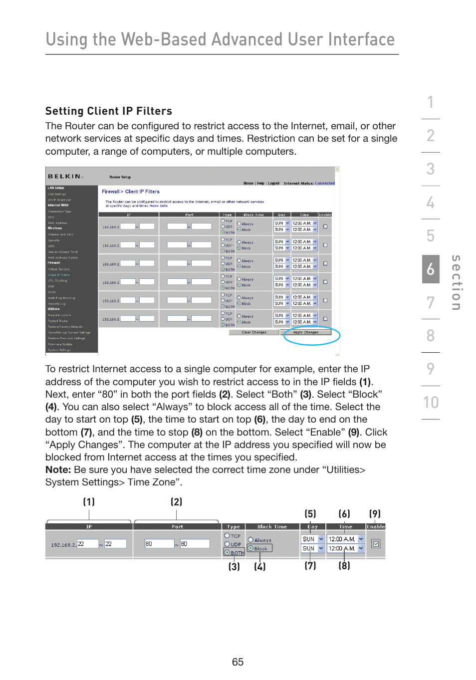 Using the web-based advanced user interface, Se ct io n | Belkin Wireless G Plus MIMO Router F5D9230-4 User Manual | Page 69 / 120