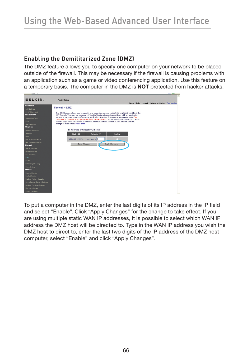 Using the web-based advanced user interface | Belkin Wireless G Plus MIMO Router F5D9230-4 User Manual | Page 70 / 120