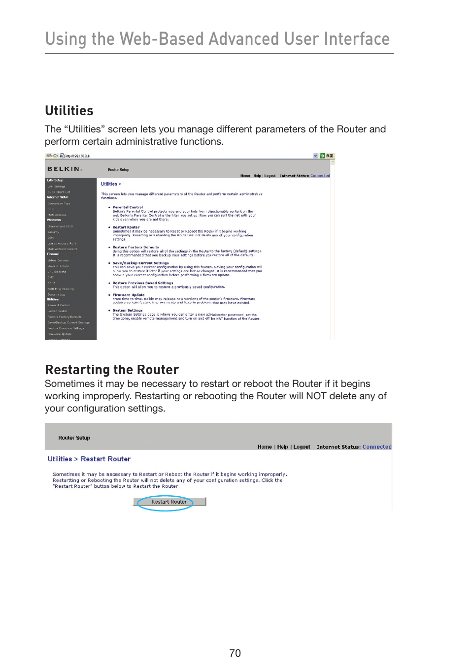 Using the web-based advanced user interface | Belkin Wireless G Plus MIMO Router F5D9230-4 User Manual | Page 74 / 120