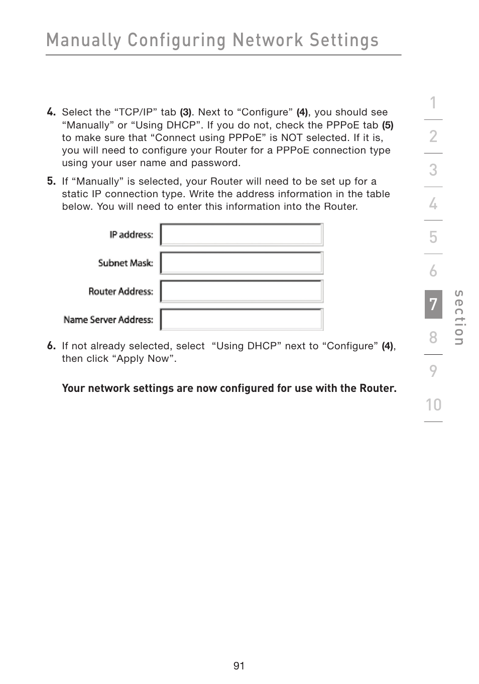 Manually configuring network settings | Belkin Wireless G Plus MIMO Router F5D9230-4 User Manual | Page 95 / 120