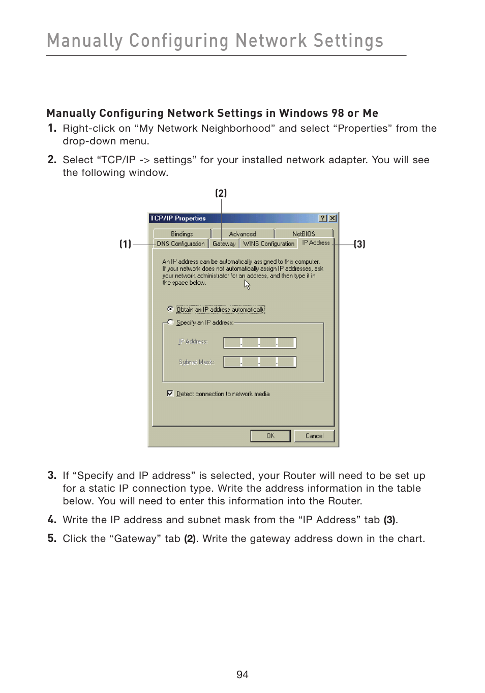 Manually configuring network settings | Belkin Wireless G Plus MIMO Router F5D9230-4 User Manual | Page 98 / 120