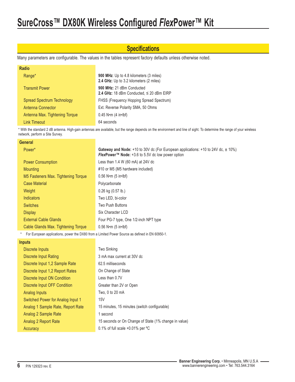 Specifications | Banner SureCross DX80 Wireless Networks User Manual | Page 6 / 8