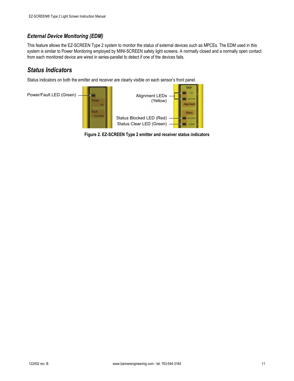External device monitoring (edm), Status indicators | Banner EZ-SCREEN­ Safety Light Curtain Systems User Manual | Page 11 / 71
