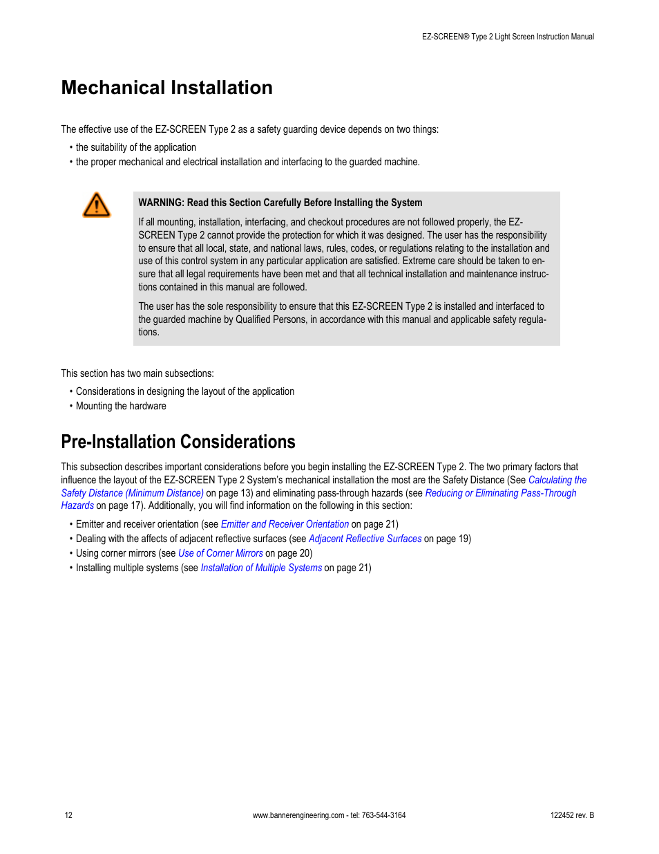 Mechanical installation, Pre-installation considerations | Banner EZ-SCREEN­ Safety Light Curtain Systems User Manual | Page 12 / 71