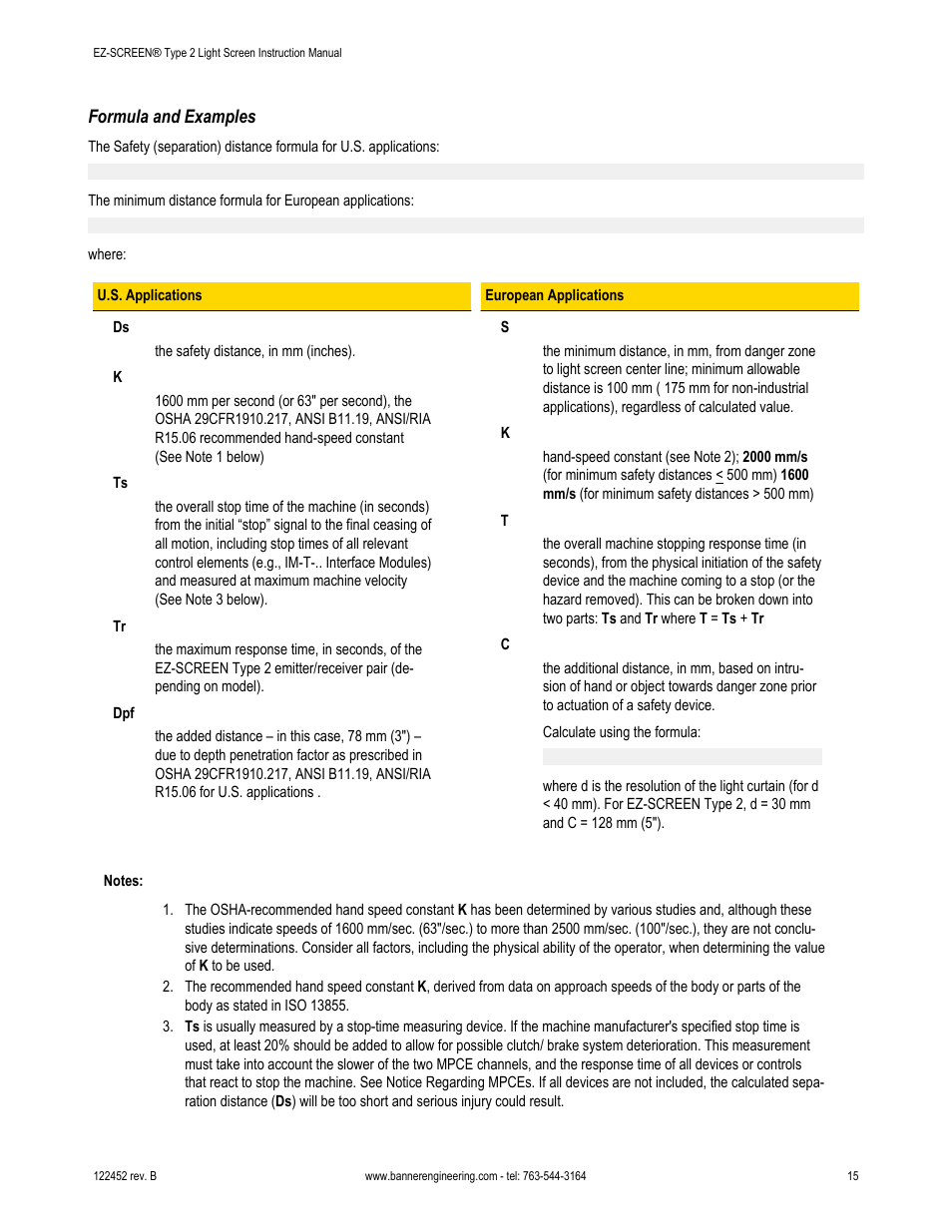 Formula and examples | Banner EZ-SCREEN­ Safety Light Curtain Systems User Manual | Page 15 / 71