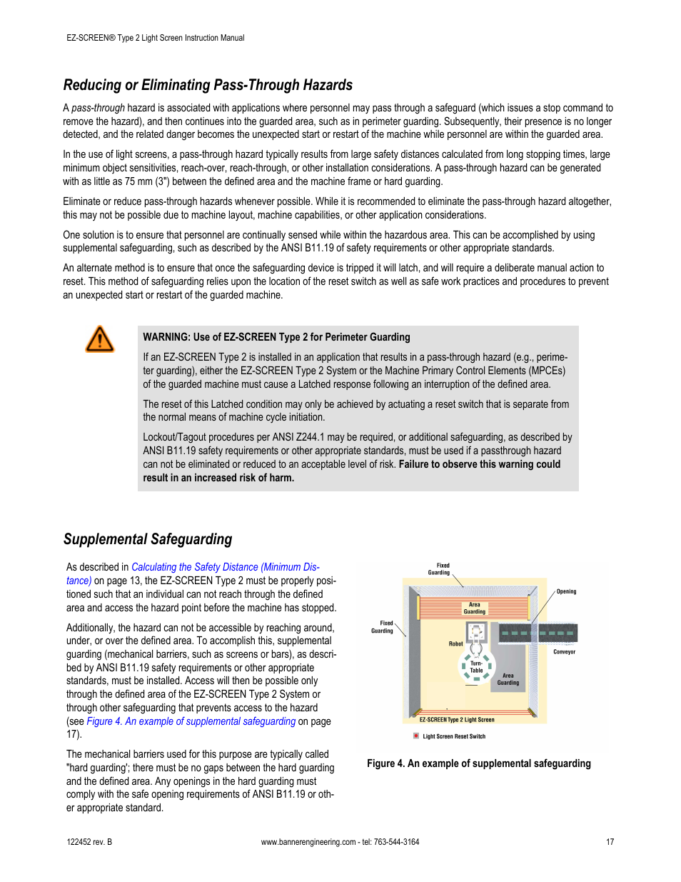 Reducing or eliminating pass-through hazards, Supplemental safeguarding, Reducing or eliminating pass-through | Hazards | Banner EZ-SCREEN­ Safety Light Curtain Systems User Manual | Page 17 / 71