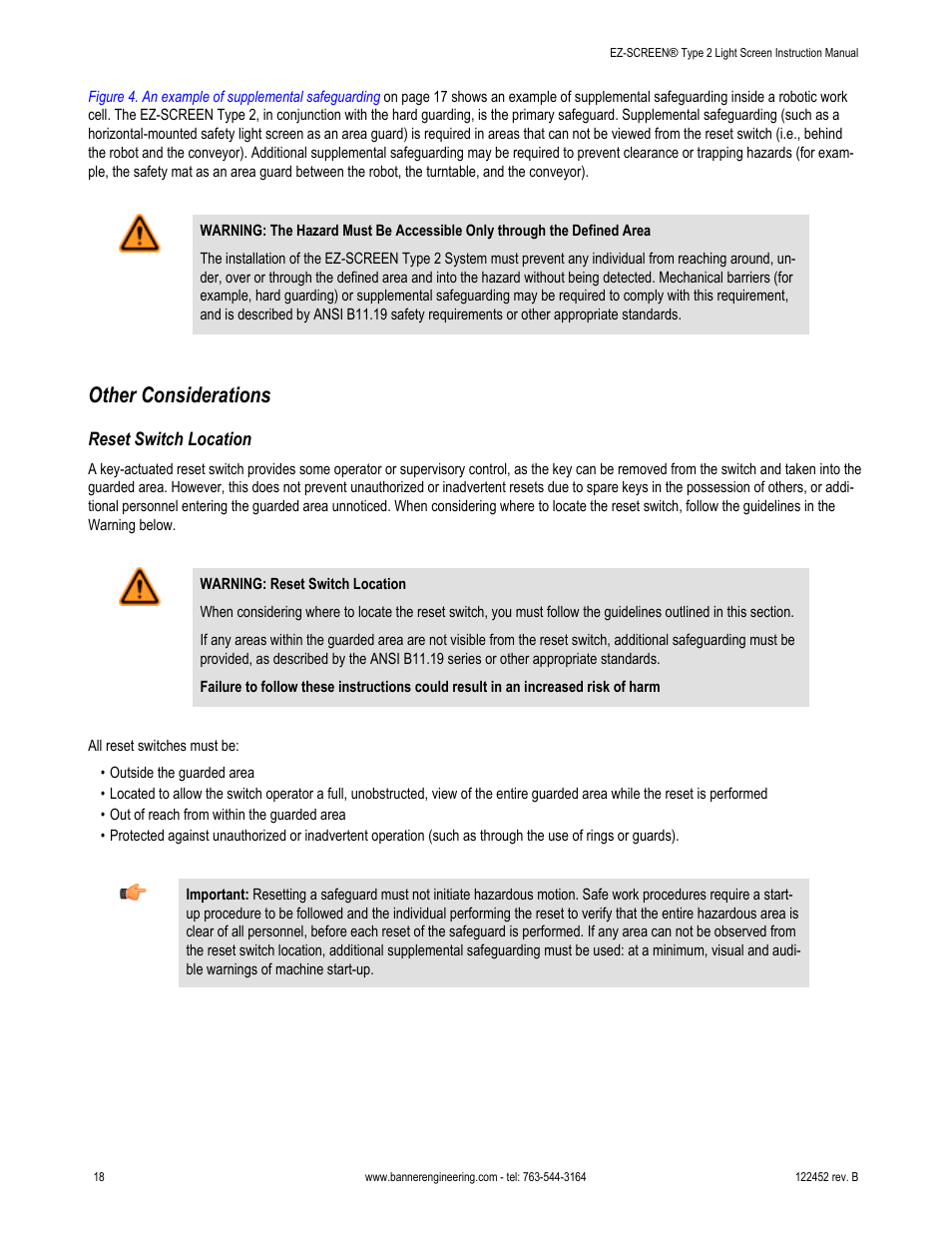 Other considerations, Reset switch location | Banner EZ-SCREEN­ Safety Light Curtain Systems User Manual | Page 18 / 71