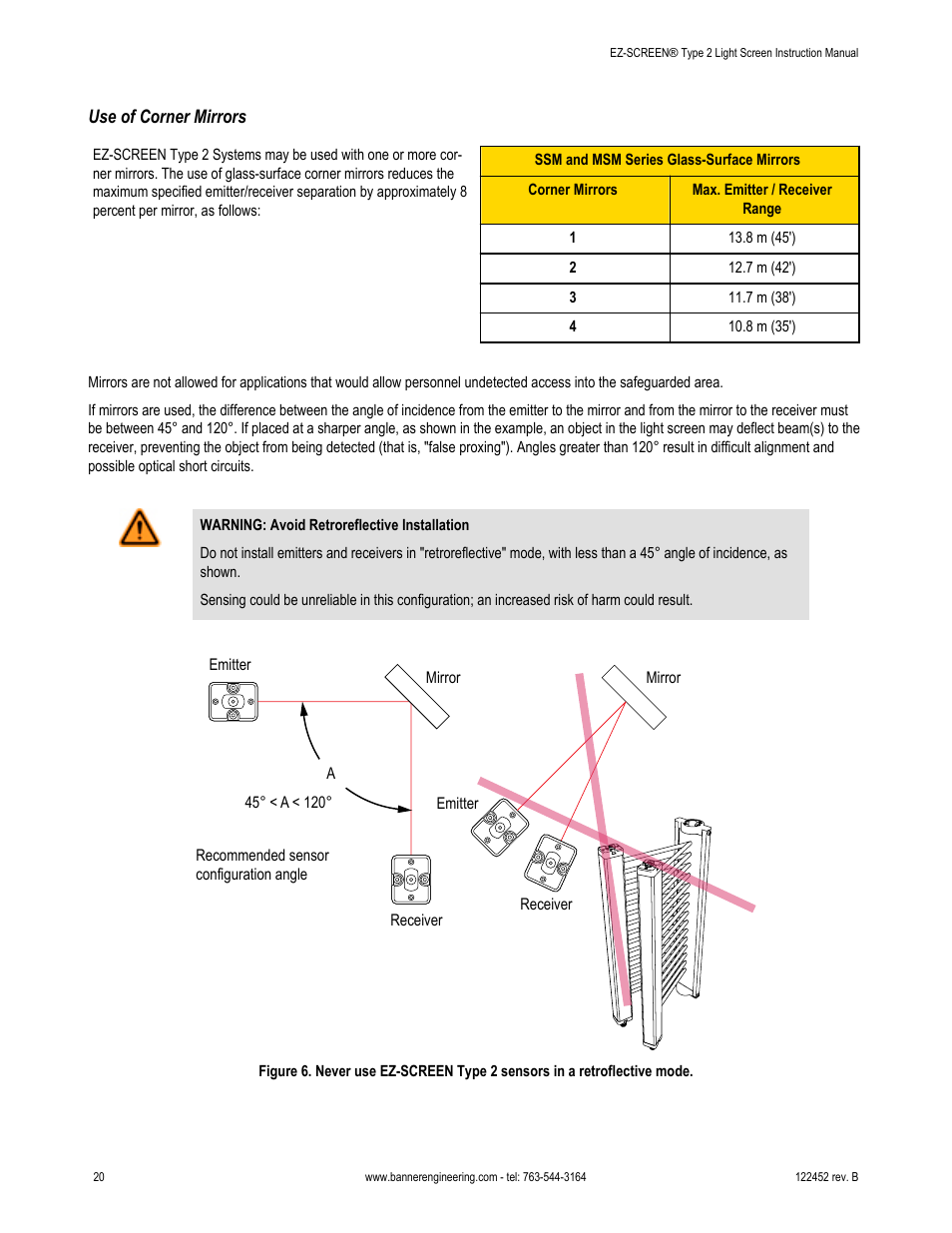 Use of corner mirrors | Banner EZ-SCREEN­ Safety Light Curtain Systems User Manual | Page 20 / 71