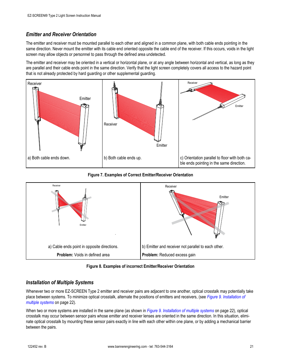 Emitter and receiver orientation, Installation of multiple systems | Banner EZ-SCREEN­ Safety Light Curtain Systems User Manual | Page 21 / 71