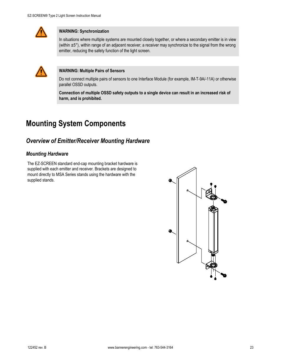 Mounting system components, Overview of emitter/receiver mounting hardware, Mounting hardware | Banner EZ-SCREEN­ Safety Light Curtain Systems User Manual | Page 23 / 71