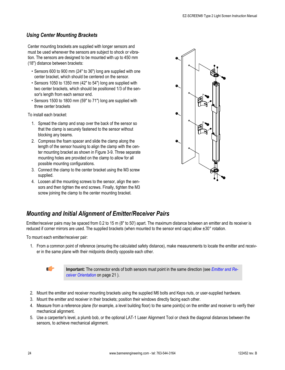 Using center mounting brackets | Banner EZ-SCREEN­ Safety Light Curtain Systems User Manual | Page 24 / 71