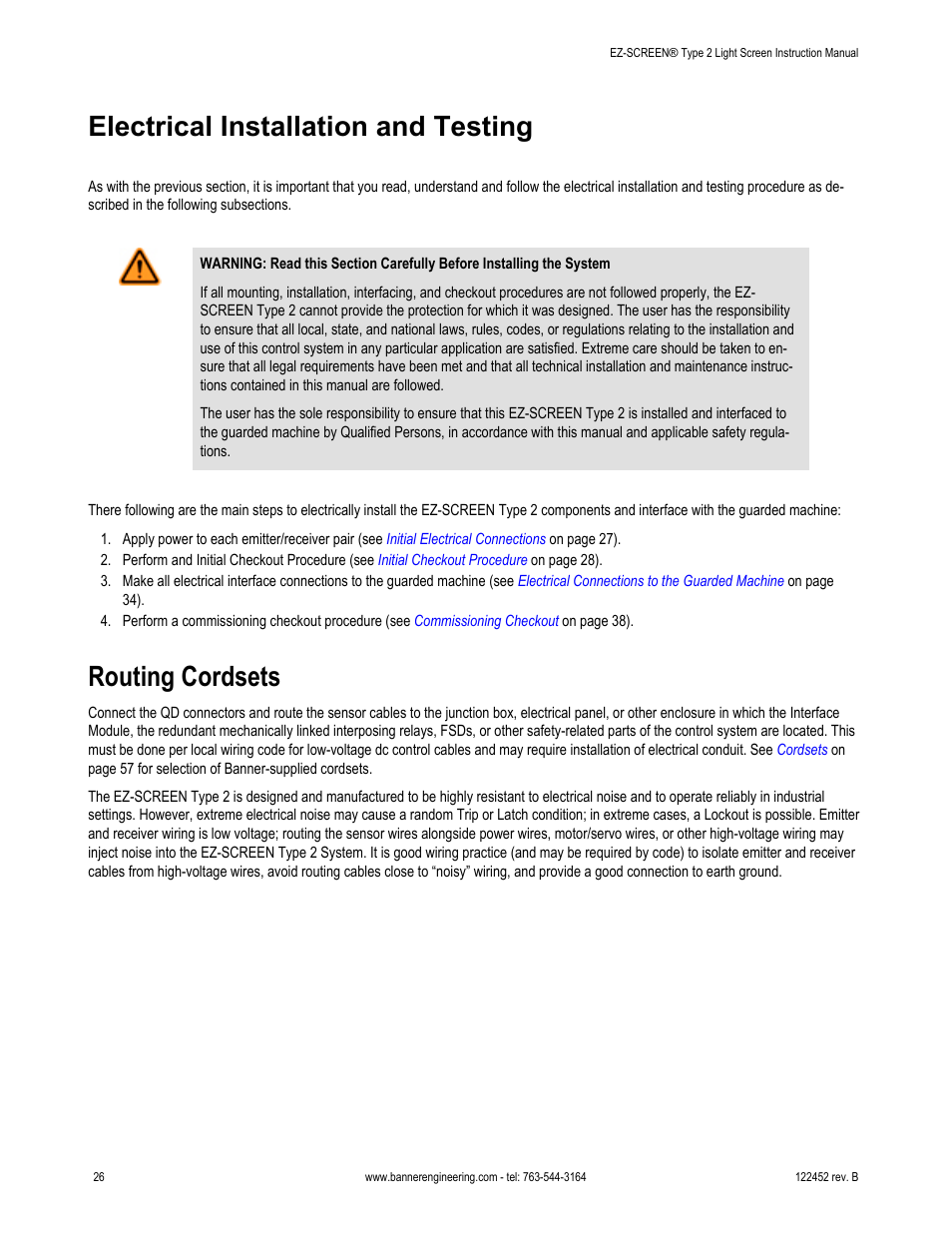 Electrical installation and testing, Routing cordsets | Banner EZ-SCREEN­ Safety Light Curtain Systems User Manual | Page 26 / 71