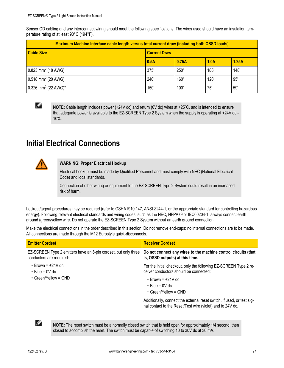 Initial electrical connections, Apply power to each emitter/receiver pair (see | Banner EZ-SCREEN­ Safety Light Curtain Systems User Manual | Page 27 / 71