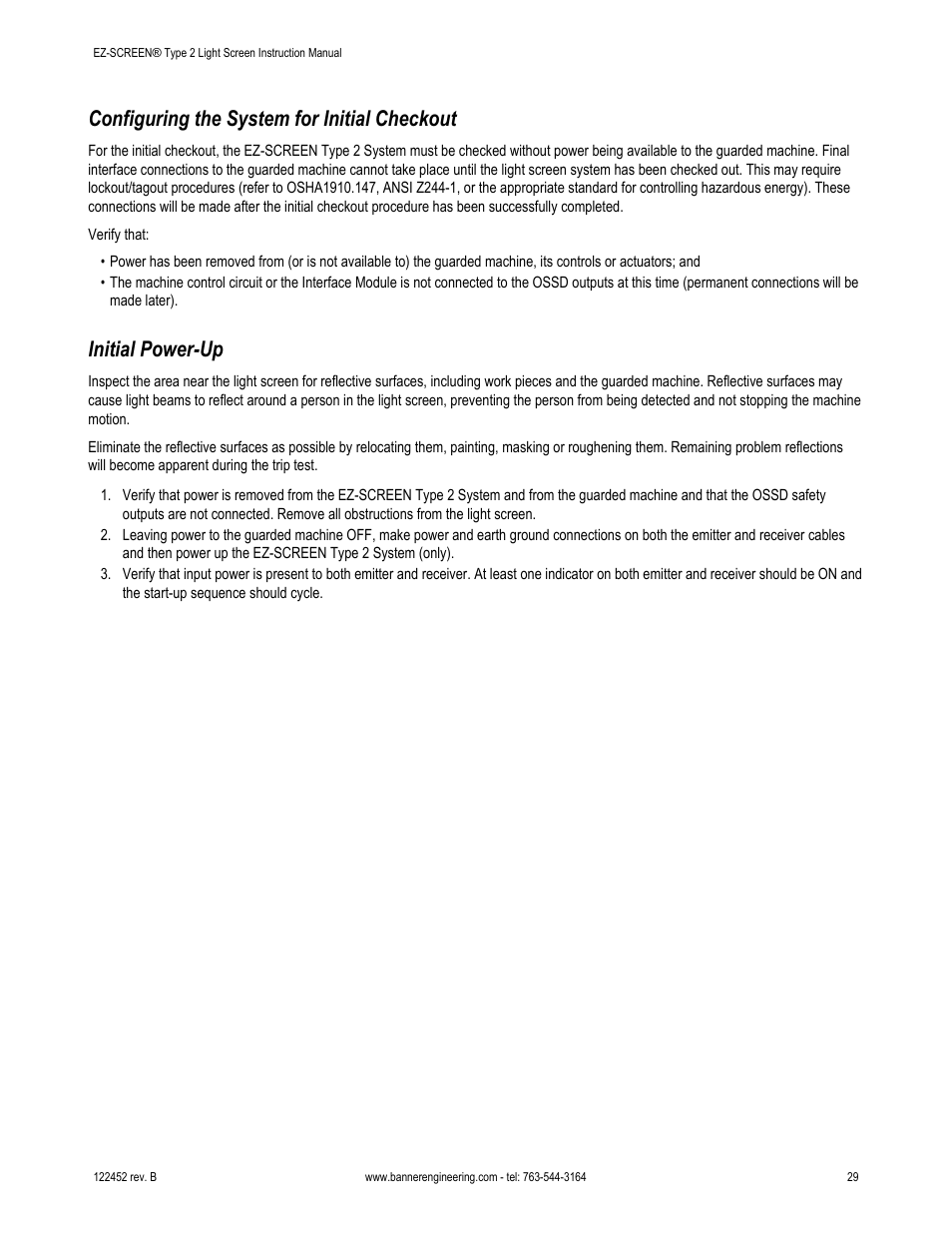 Configuring the system for initial checkout, Initial power-up | Banner EZ-SCREEN­ Safety Light Curtain Systems User Manual | Page 29 / 71