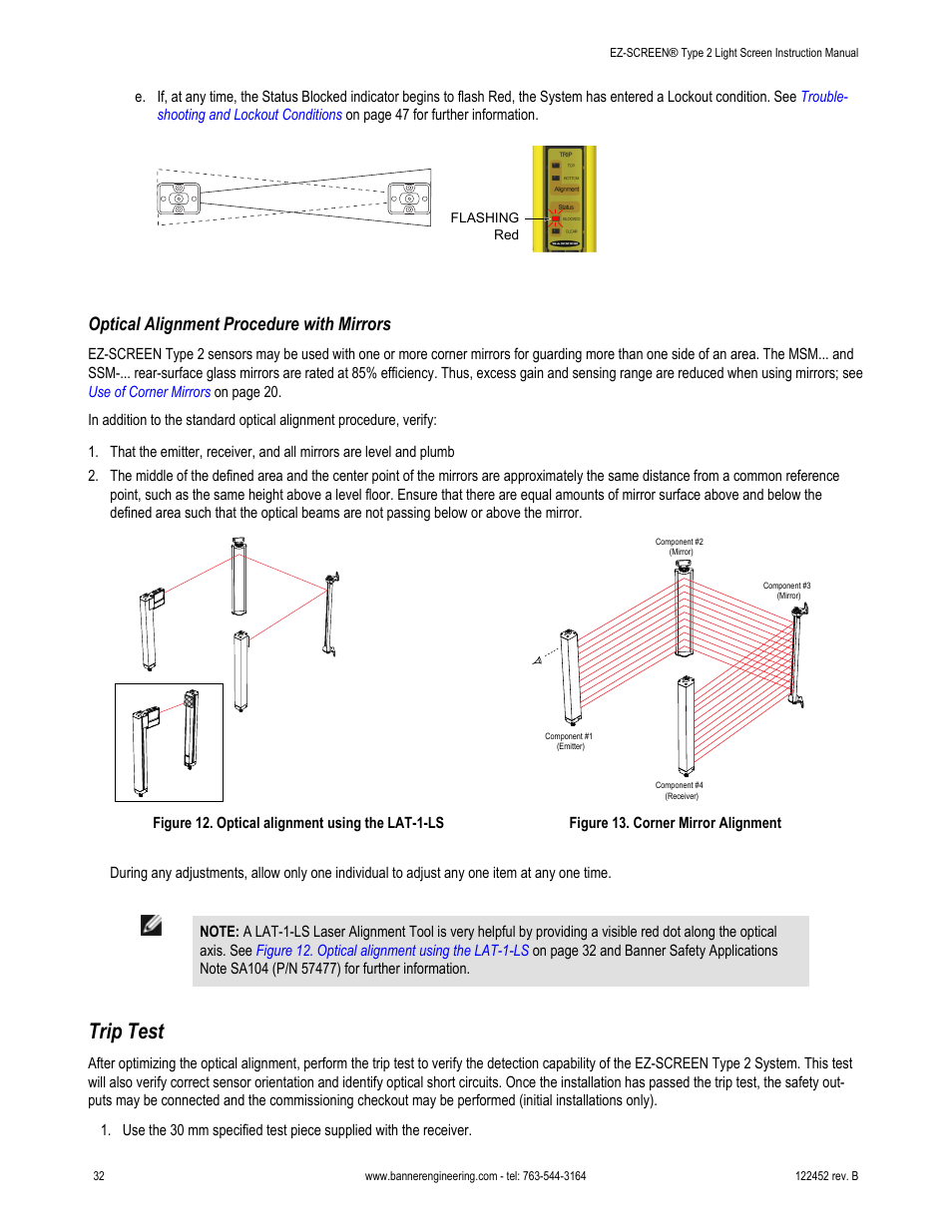 Optical alignment procedure with mirrors, Trip test | Banner EZ-SCREEN­ Safety Light Curtain Systems User Manual | Page 32 / 71