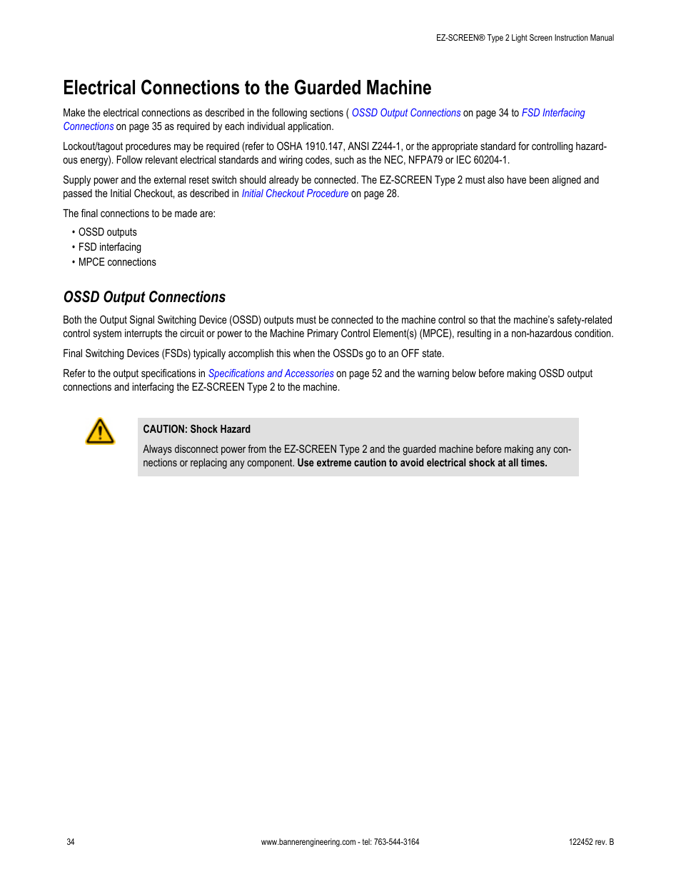 Electrical connections to the guarded machine, Ossd output connections, Ez-screen type 2 electrical interface to the | Guarded machine | Banner EZ-SCREEN­ Safety Light Curtain Systems User Manual | Page 34 / 71