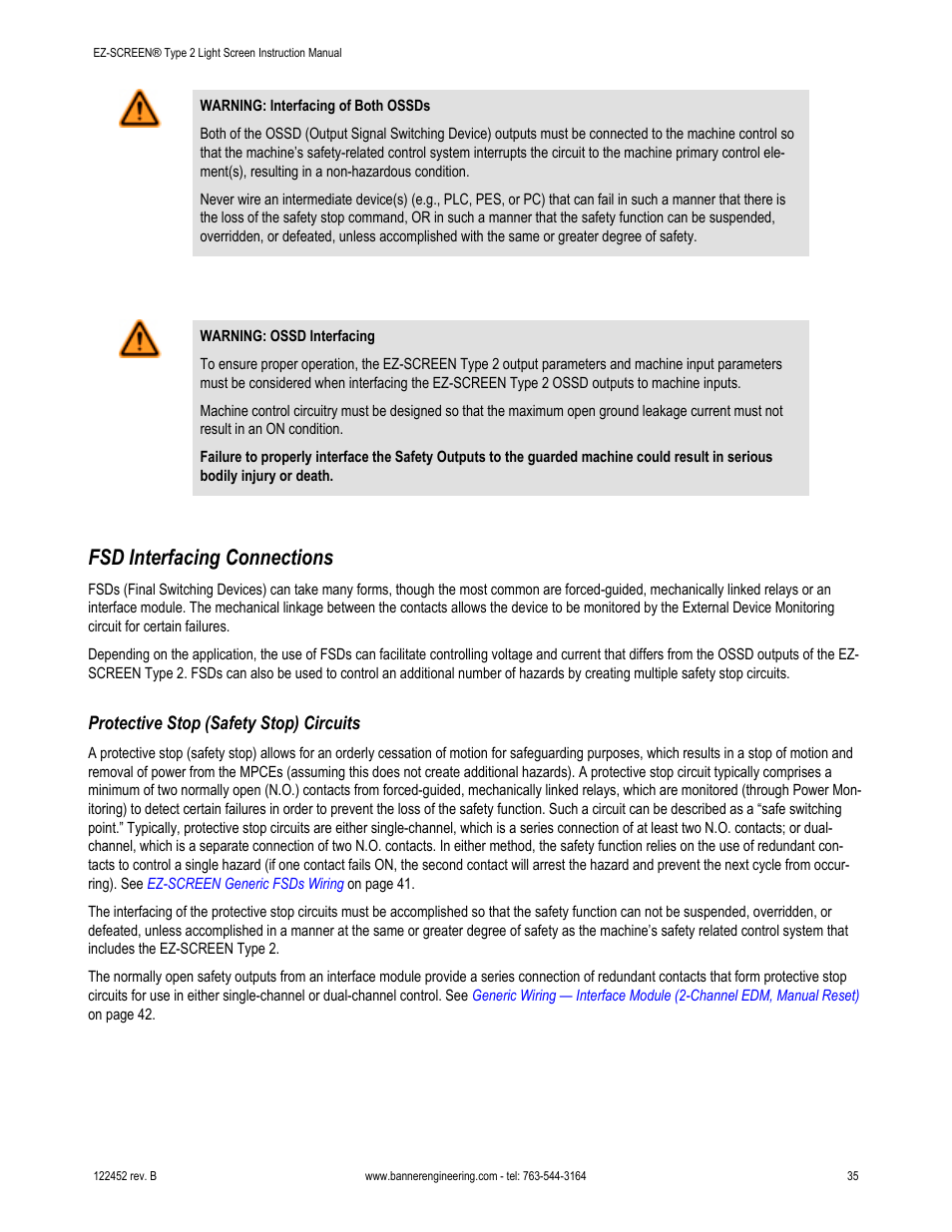 Fsd interfacing connections, Protective stop (safety stop) circuits, Fsd interfacing | Connections | Banner EZ-SCREEN­ Safety Light Curtain Systems User Manual | Page 35 / 71