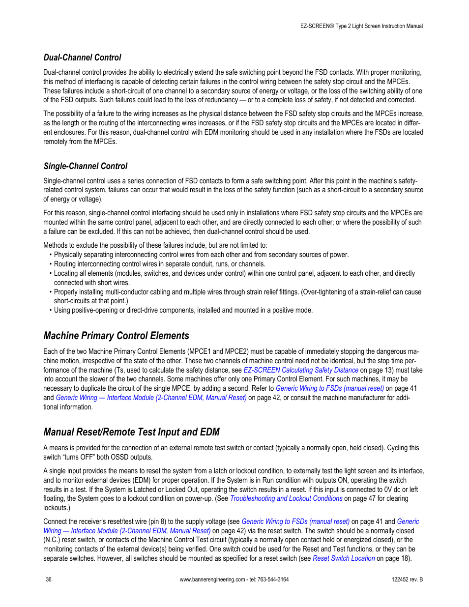 Dual-channel control, Single-channel control, Machine primary control elements | Manual reset/remote test input and edm | Banner EZ-SCREEN­ Safety Light Curtain Systems User Manual | Page 36 / 71