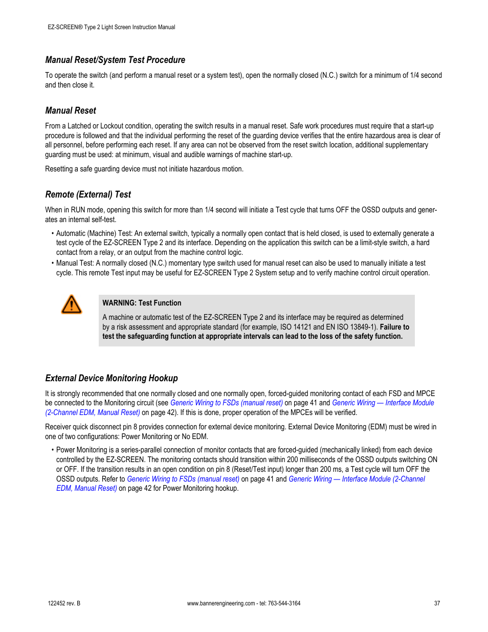 Manual reset/system test procedure, Manual reset, Remote (external) test | External device monitoring hookup | Banner EZ-SCREEN­ Safety Light Curtain Systems User Manual | Page 37 / 71