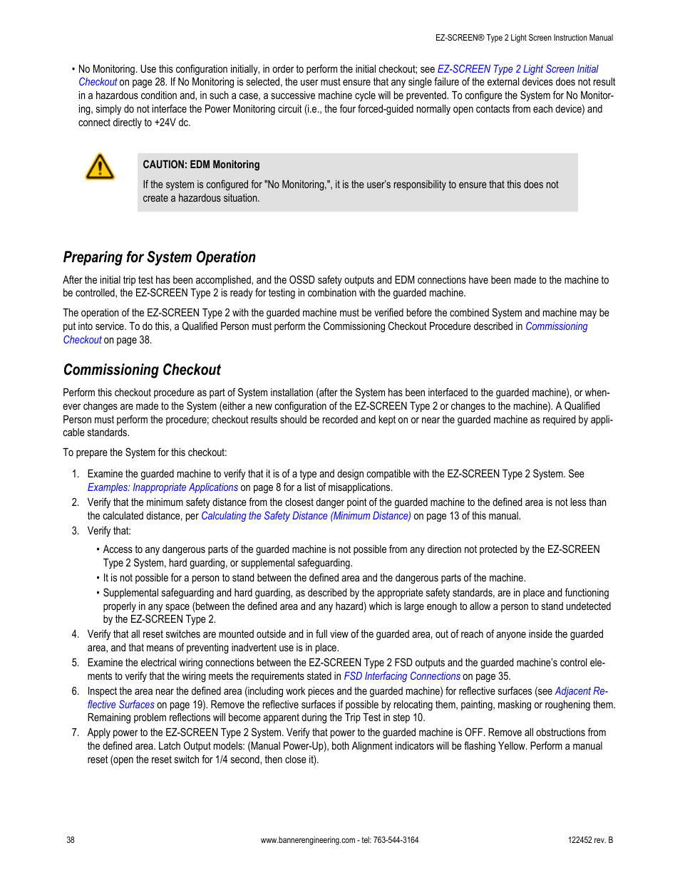 Preparing for system operation, Commissioning checkout | Banner EZ-SCREEN­ Safety Light Curtain Systems User Manual | Page 38 / 71