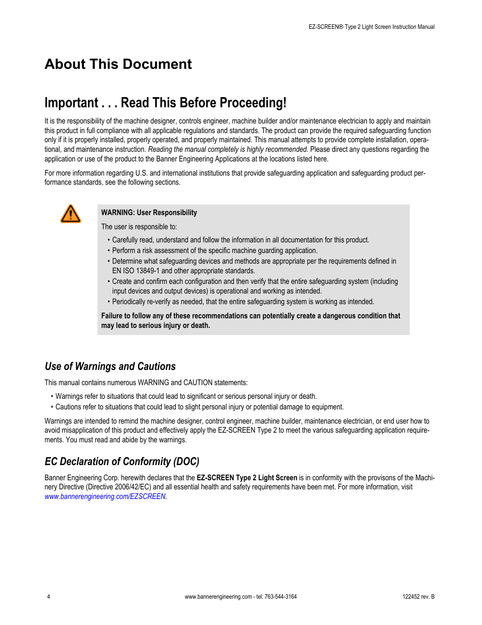 About this document, Important . . . read this before proceeding, Use of warnings and cautions | Ec declaration of conformity (doc) | Banner EZ-SCREEN­ Safety Light Curtain Systems User Manual | Page 4 / 71