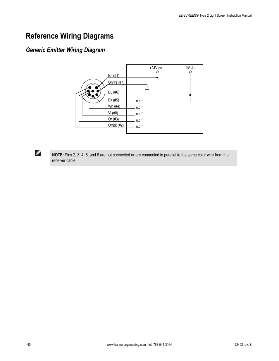 Reference wiring diagrams, Generic emitter wiring diagram | Banner EZ-SCREEN­ Safety Light Curtain Systems User Manual | Page 40 / 71