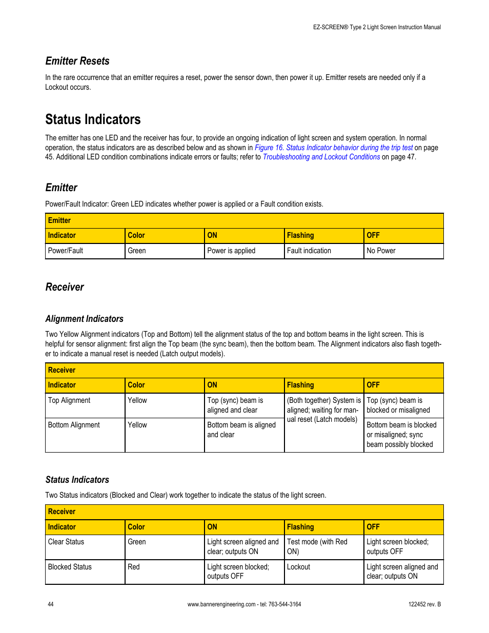 Emitter resets, Status indicators, Emitter | Receiver, Alignment indicators | Banner EZ-SCREEN­ Safety Light Curtain Systems User Manual | Page 44 / 71