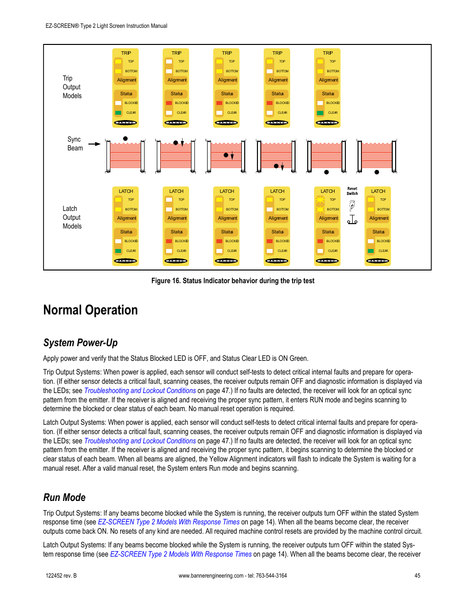 Normal operation, System power-up, Run mode | Trip output models latch output models sync beam | Banner EZ-SCREEN­ Safety Light Curtain Systems User Manual | Page 45 / 71
