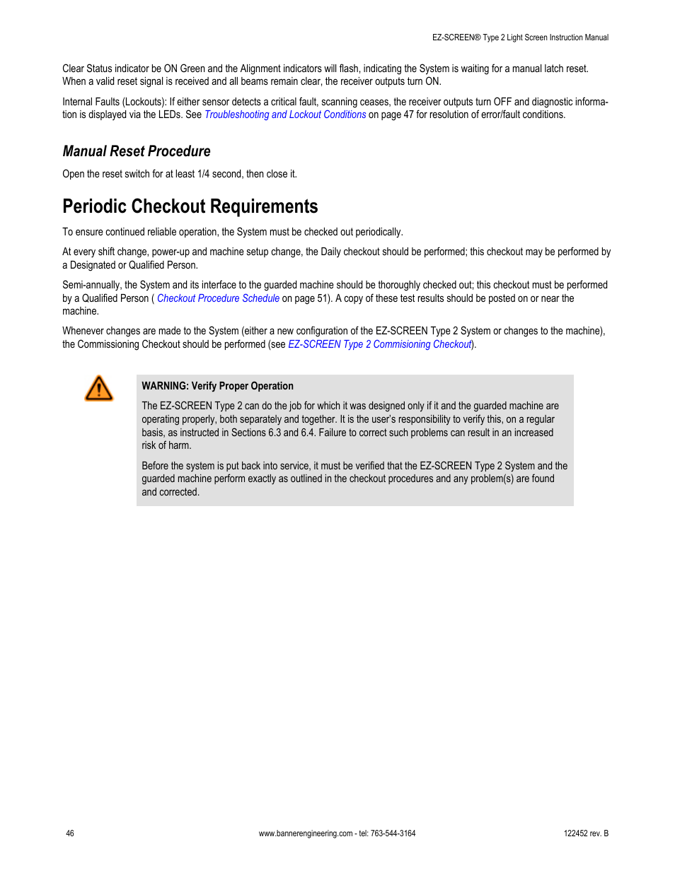 Manual reset procedure, Periodic checkout requirements | Banner EZ-SCREEN­ Safety Light Curtain Systems User Manual | Page 46 / 71
