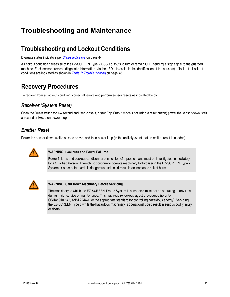 Troubleshooting and maintenance, Troubleshooting and lockout conditions, Recovery procedures | Receiver (system reset), Emitter reset, Trouble, Shooting and lockout conditions, The leds; see | Banner EZ-SCREEN­ Safety Light Curtain Systems User Manual | Page 47 / 71