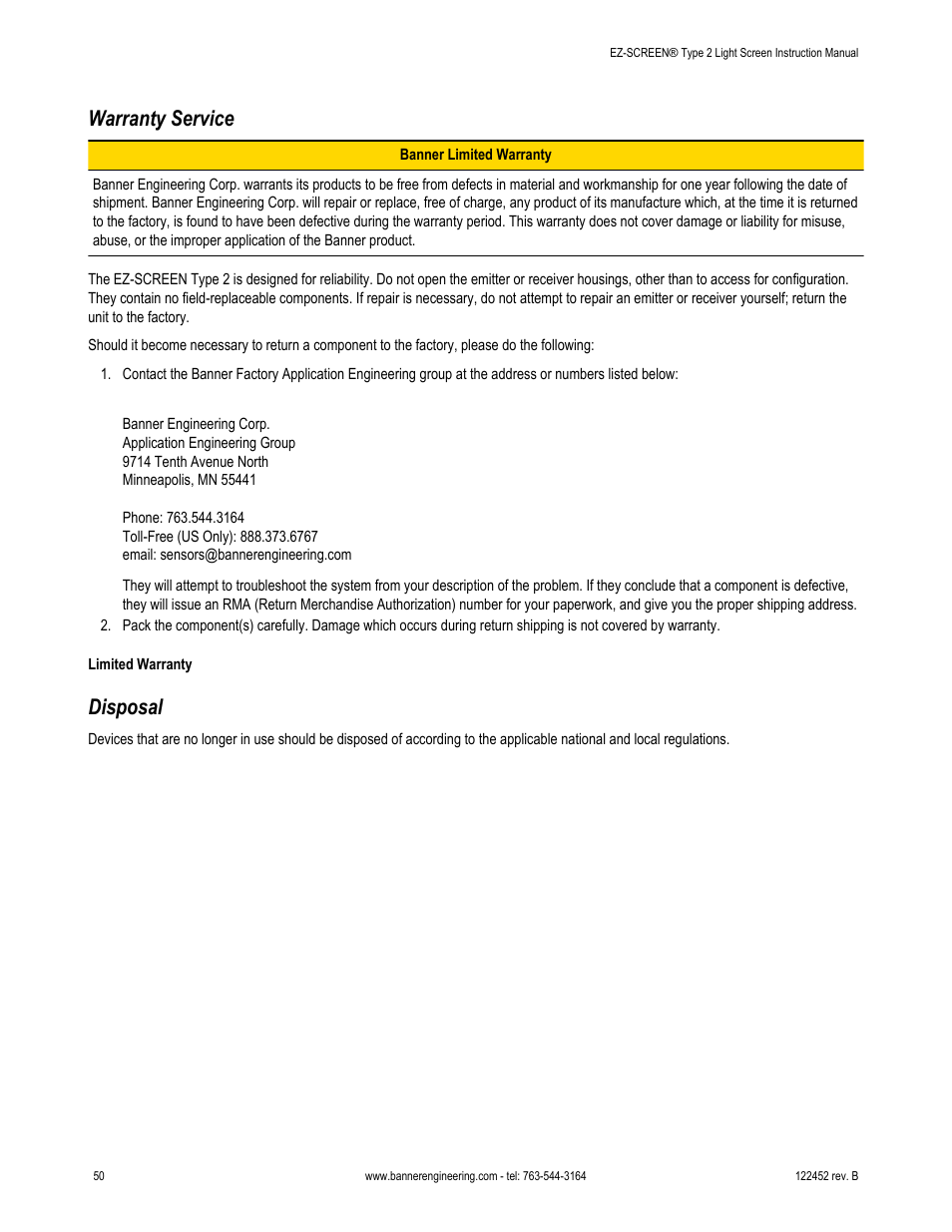 Warranty service, Disposal | Banner EZ-SCREEN­ Safety Light Curtain Systems User Manual | Page 50 / 71