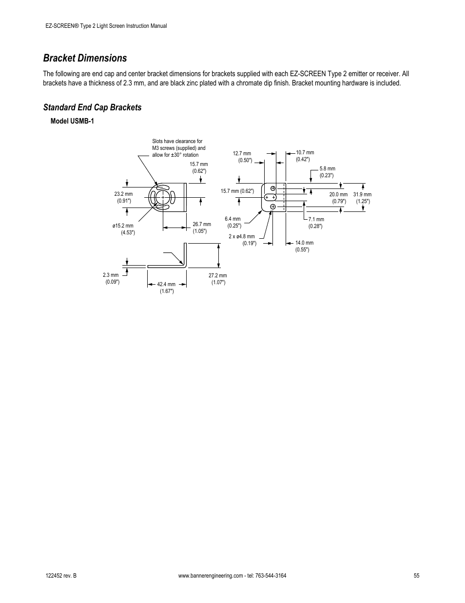 Bracket dimensions, Standard end cap brackets | Banner EZ-SCREEN­ Safety Light Curtain Systems User Manual | Page 55 / 71
