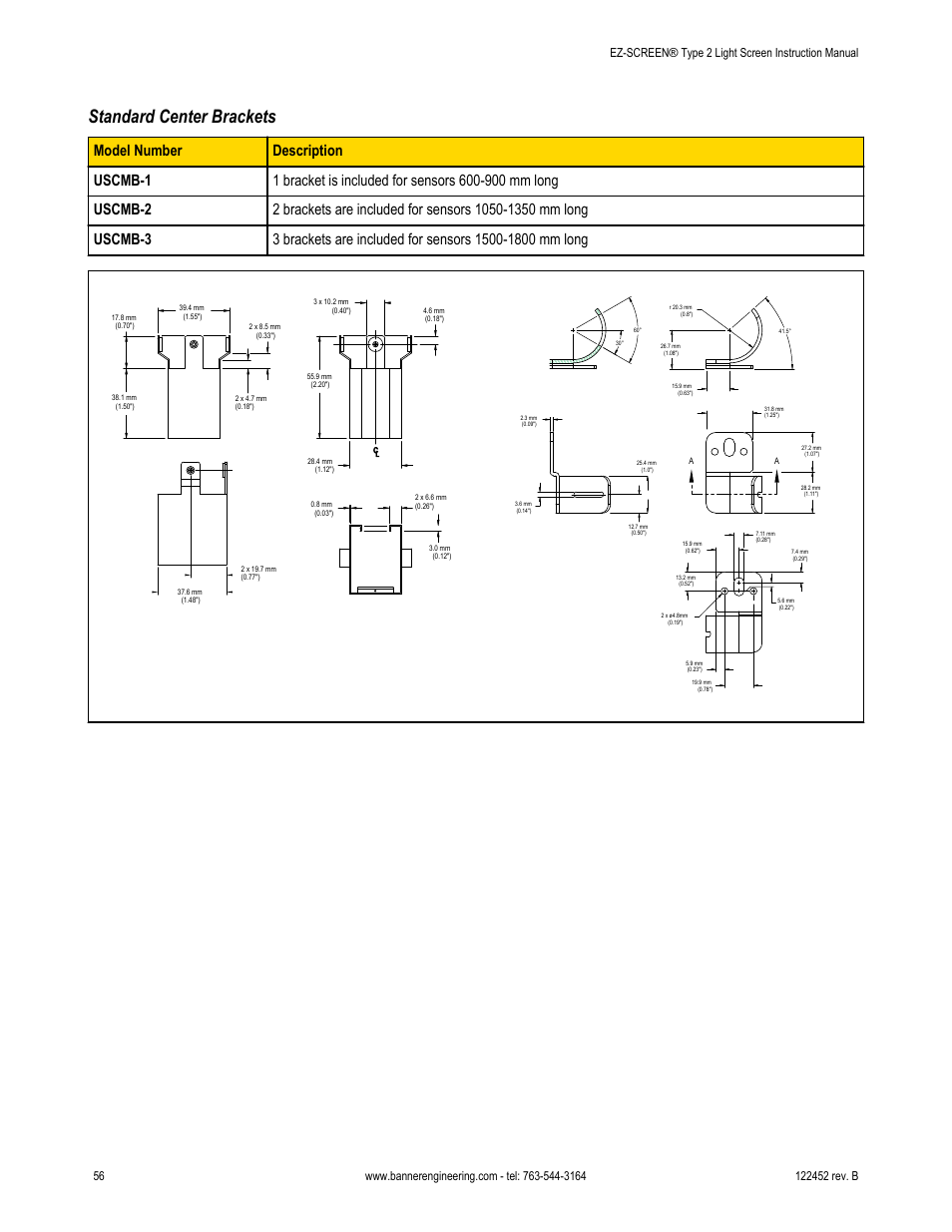 Standard center brackets | Banner EZ-SCREEN­ Safety Light Curtain Systems User Manual | Page 56 / 71