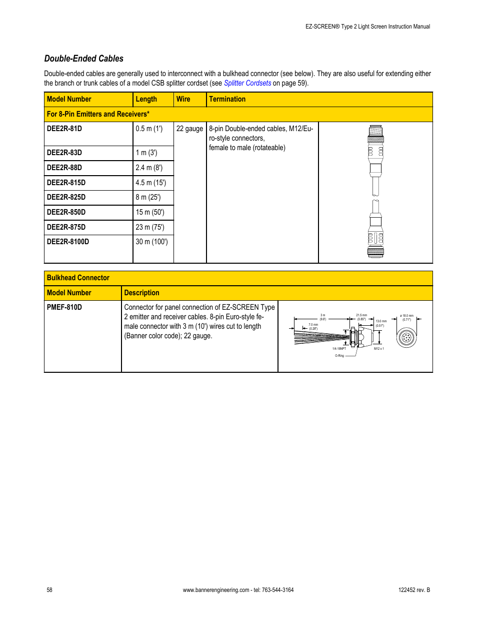 Double-ended cables | Banner EZ-SCREEN­ Safety Light Curtain Systems User Manual | Page 58 / 71