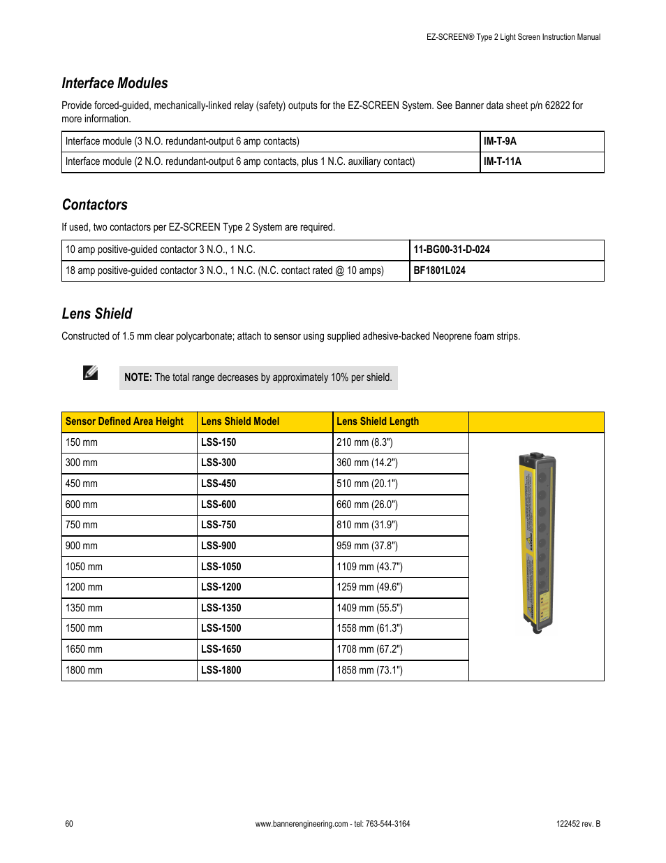 Interface modules, Contactors, Lens shield | Banner EZ-SCREEN­ Safety Light Curtain Systems User Manual | Page 60 / 71