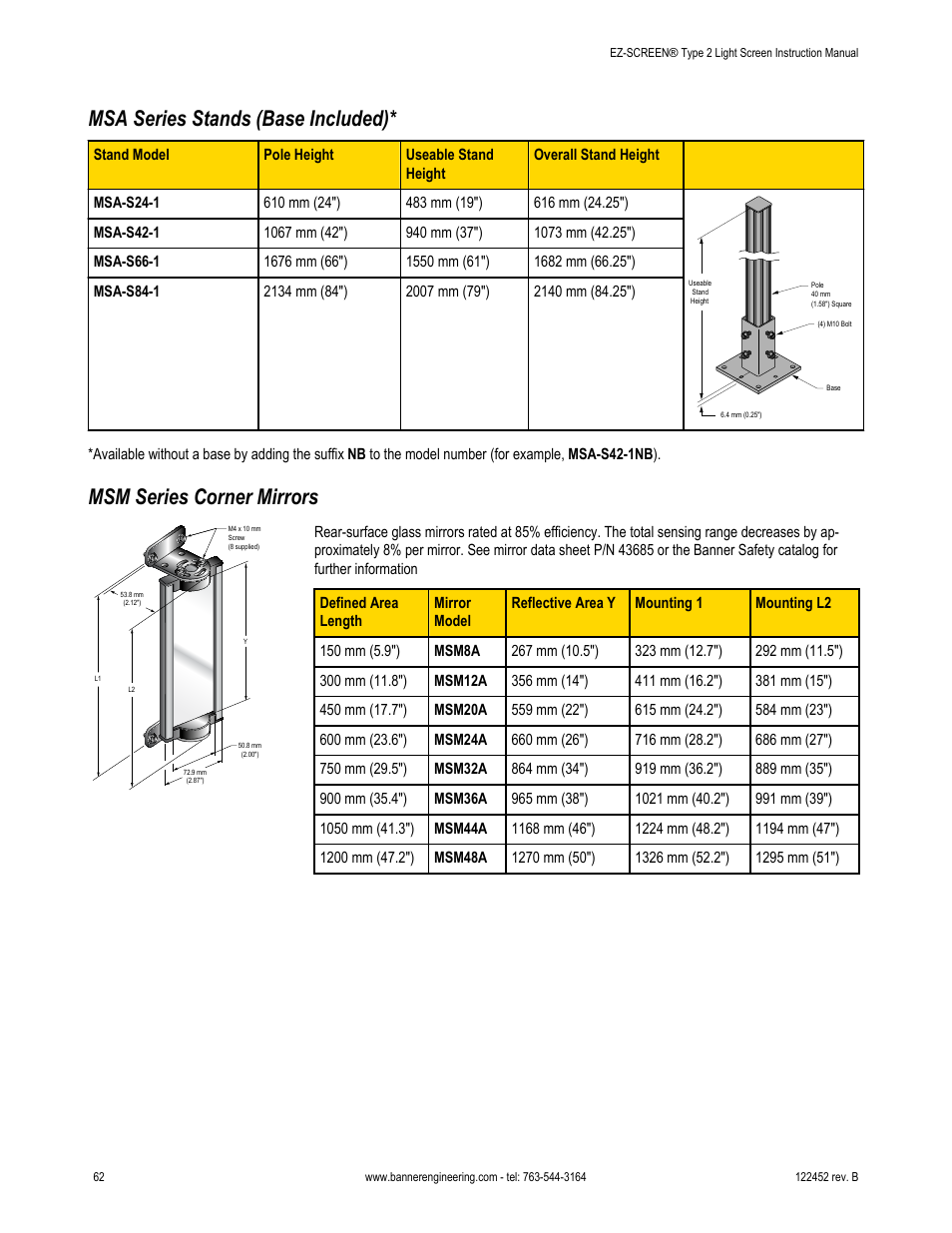 Msa series stands (base included), Msm series corner mirrors | Banner EZ-SCREEN­ Safety Light Curtain Systems User Manual | Page 62 / 71