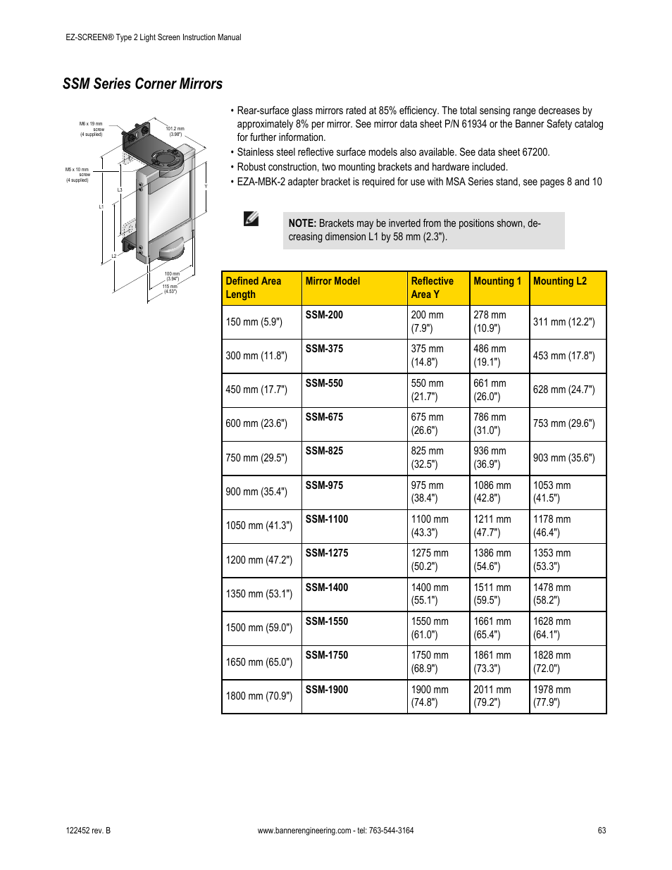 Ssm series corner mirrors | Banner EZ-SCREEN­ Safety Light Curtain Systems User Manual | Page 63 / 71