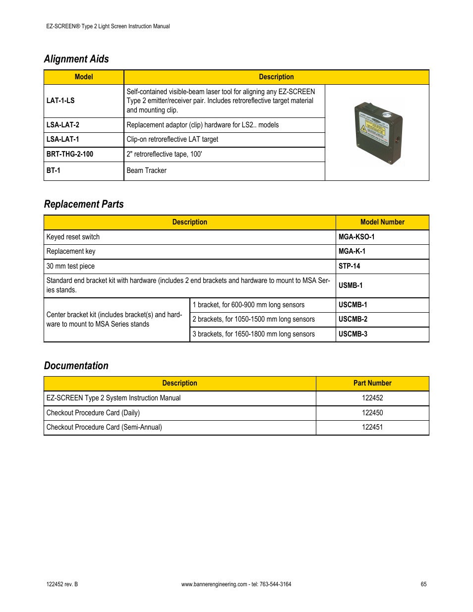 Alignment aids, Replacement parts, Documentation | Banner EZ-SCREEN­ Safety Light Curtain Systems User Manual | Page 65 / 71