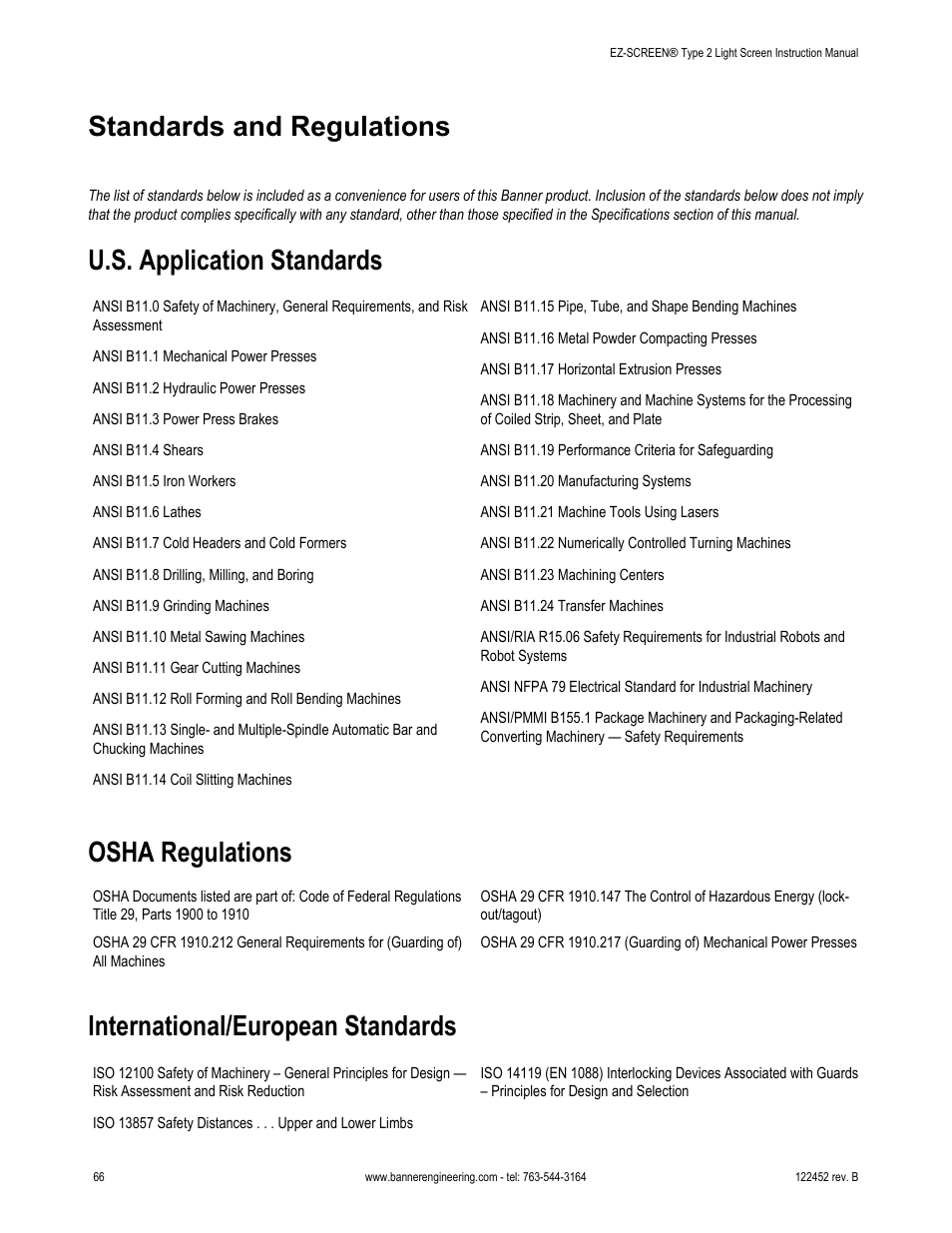 Standards and regulations, U.s. application standards, Osha regulations | International/european standards | Banner EZ-SCREEN­ Safety Light Curtain Systems User Manual | Page 66 / 71