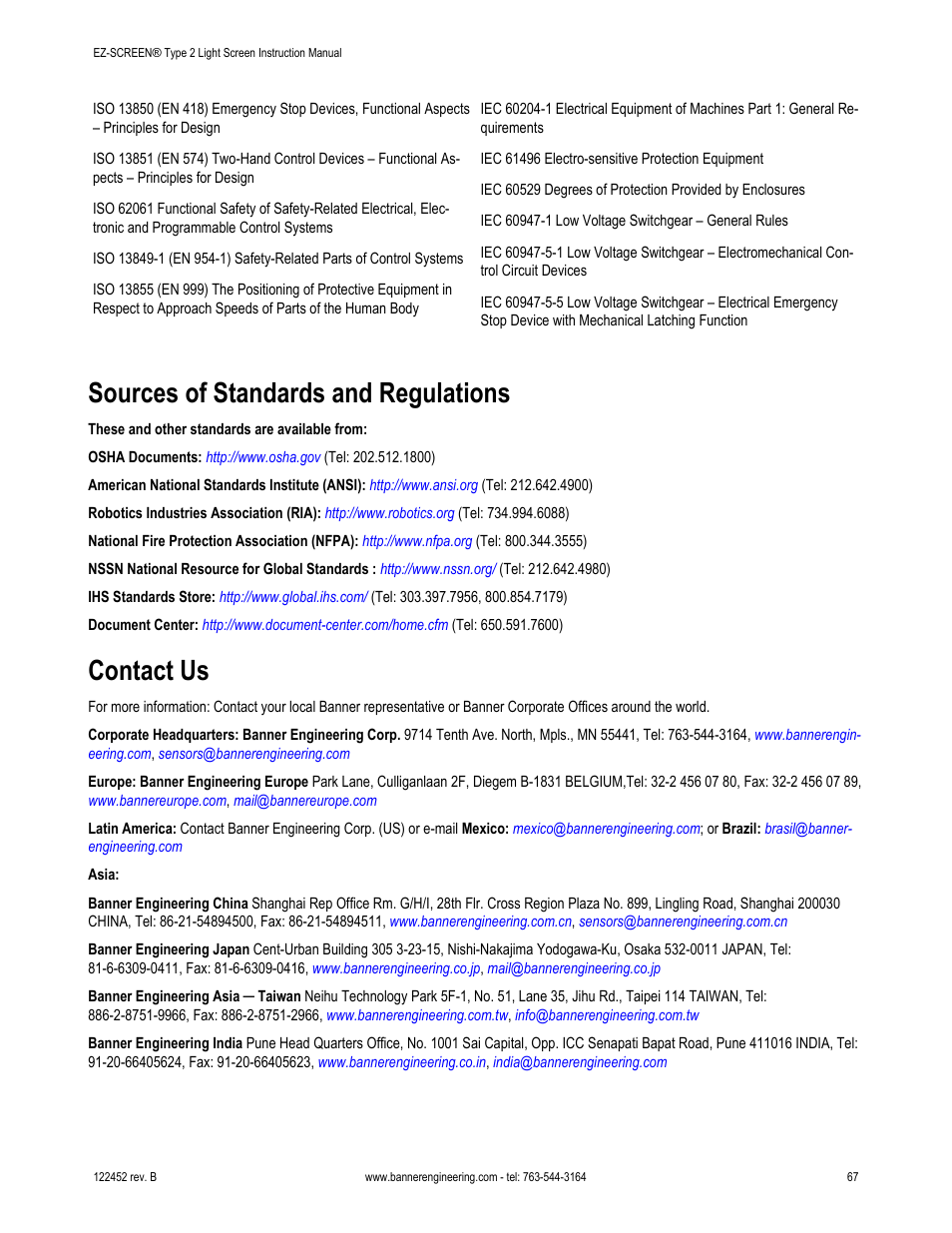 Sources of standards and regulations, Contact us | Banner EZ-SCREEN­ Safety Light Curtain Systems User Manual | Page 67 / 71