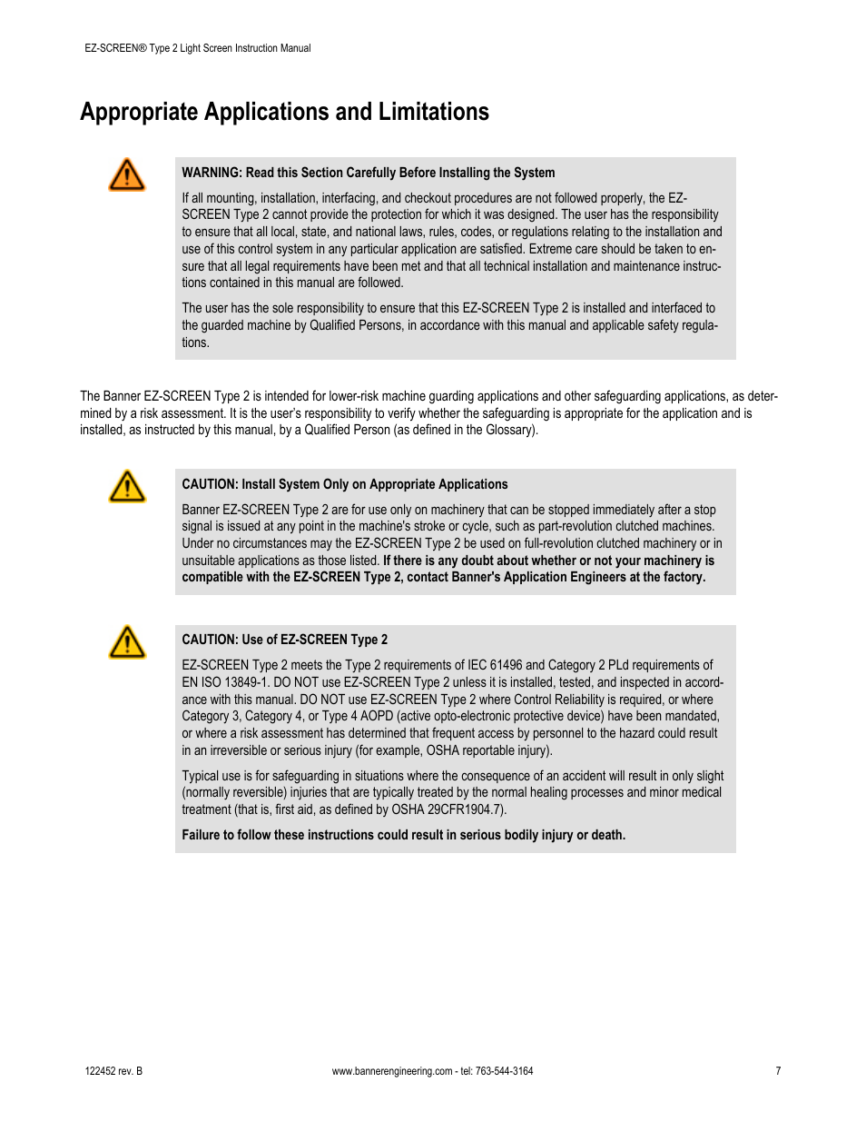 Appropriate applications and limitations | Banner EZ-SCREEN­ Safety Light Curtain Systems User Manual | Page 7 / 71