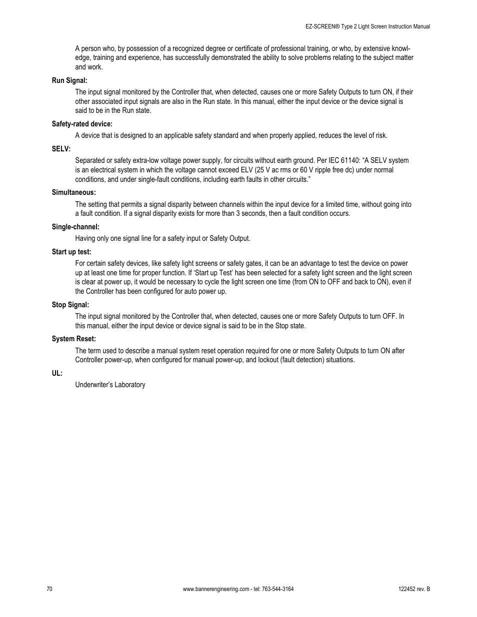 Banner EZ-SCREEN­ Safety Light Curtain Systems User Manual | Page 70 / 71