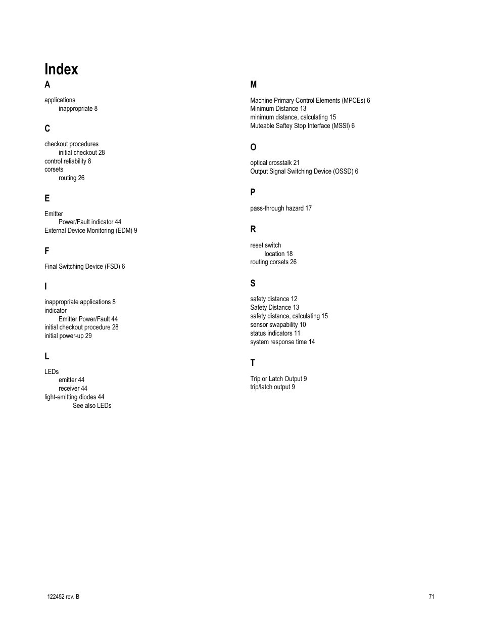 Index | Banner EZ-SCREEN­ Safety Light Curtain Systems User Manual | Page 71 / 71