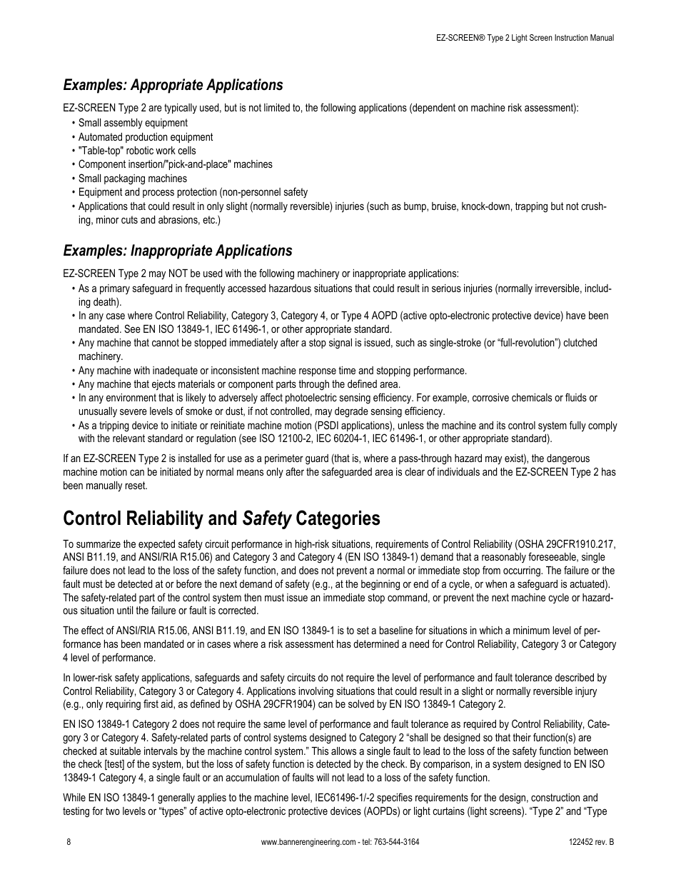 Examples: appropriate applications, Examples: inappropriate applications, Control reliability and safety categories | Banner EZ-SCREEN­ Safety Light Curtain Systems User Manual | Page 8 / 71