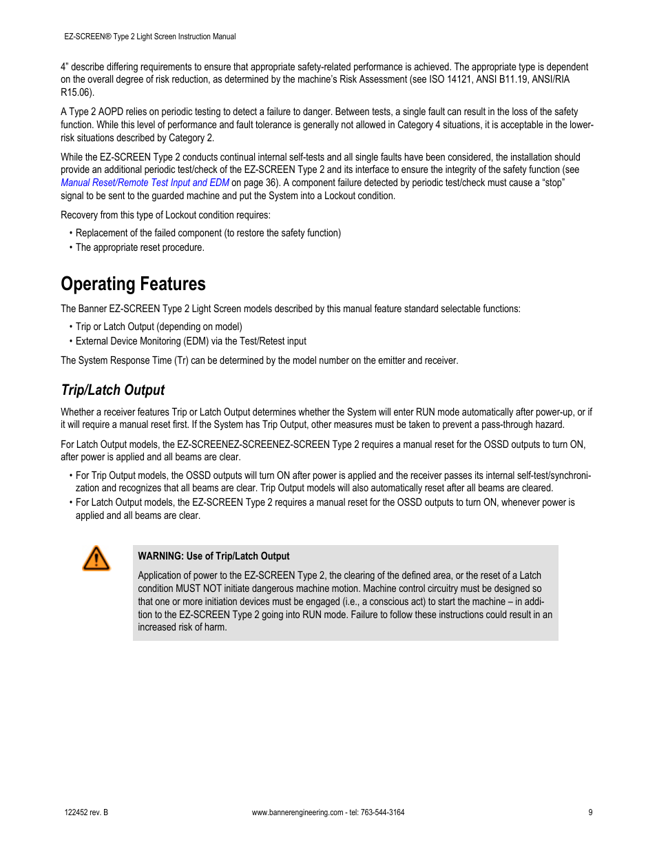 Operating features, Trip/latch output | Banner EZ-SCREEN­ Safety Light Curtain Systems User Manual | Page 9 / 71