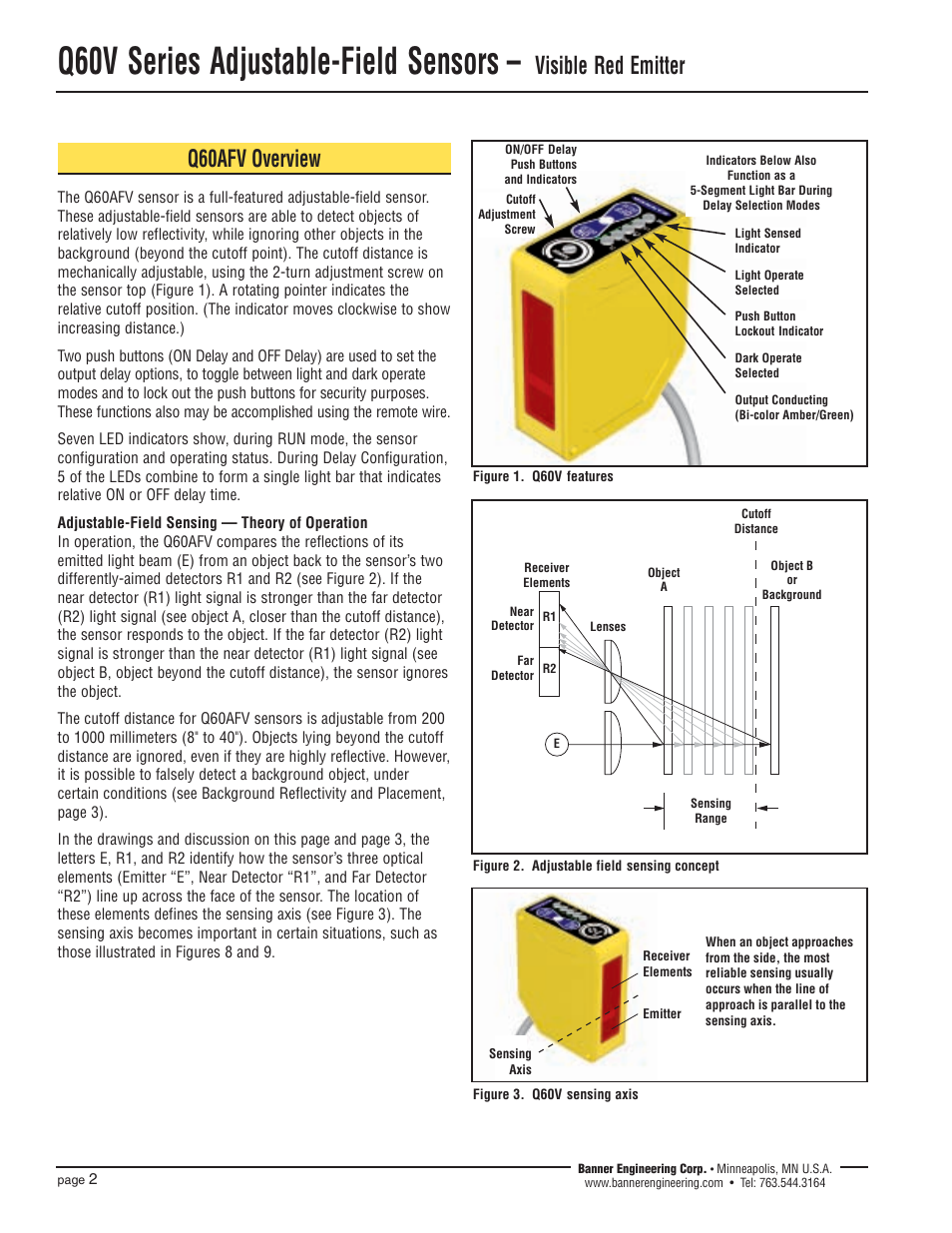 Q60v series adjustable-field sensors, Visible red emitter, Q60afv overview | Banner Q60 Background Suppression Series User Manual | Page 2 / 8