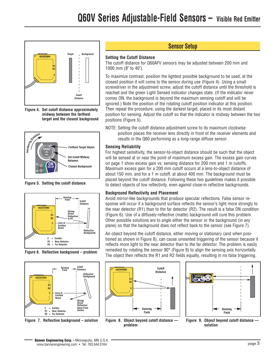 Q60v series adjustable-field sensors, Visible red emitter, Sensor setup | Figure 6. reflective background – problem, Figure 7. reflective background – solution, Figure 9. object beyond cutoff distance — solution | Banner Q60 Background Suppression Series User Manual | Page 3 / 8