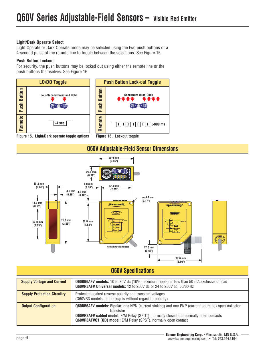 Q60v series adjustable-field sensors, Visible red emitter, Q60v specifications | Q60v adjustable-field sensor dimensions, Lo/do toggle push button, Remote, Push button lock-out toggle push button, 4 sec | Banner Q60 Background Suppression Series User Manual | Page 6 / 8